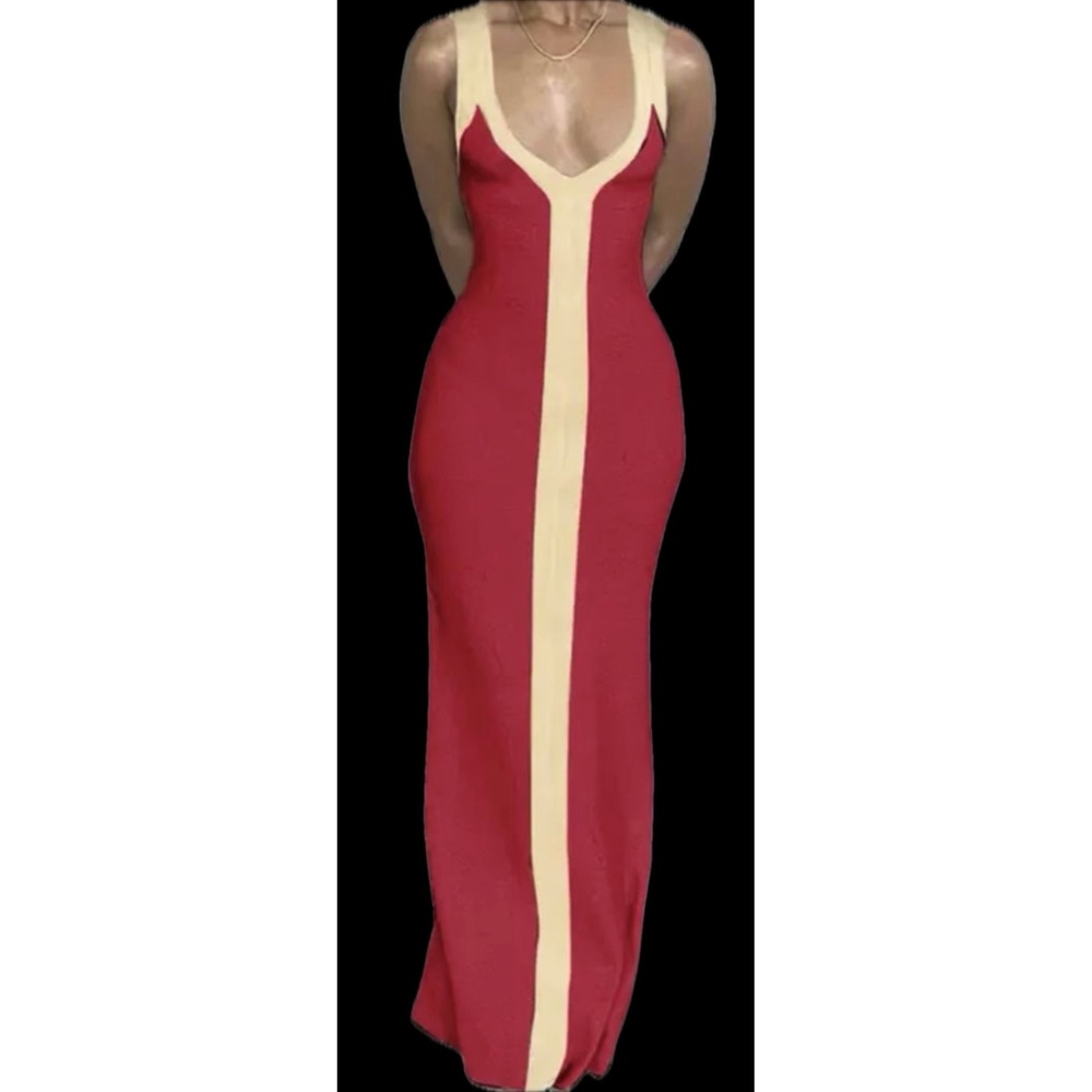 Flamingals Red & Cream Colorblock Bodycon Maxi Dress w/ Plunging Neckline Medium